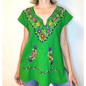 Mexican Embroidered Peasant Blouse Green Size L
